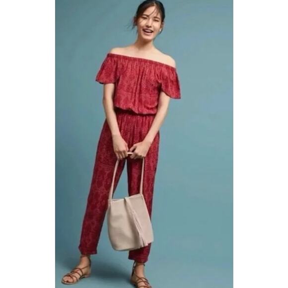 BEACHGOLD Anthropologie Red Patterned Off Shoulder Jumpsuit Women's Size Large P - Picture 1 of 8
